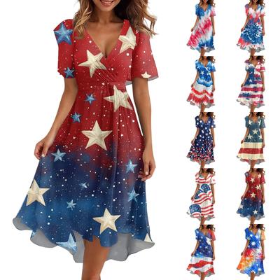 Women's Loose Casual  V-Neck Flared Skirt Short Sleeved Printed Dress Printed Dress