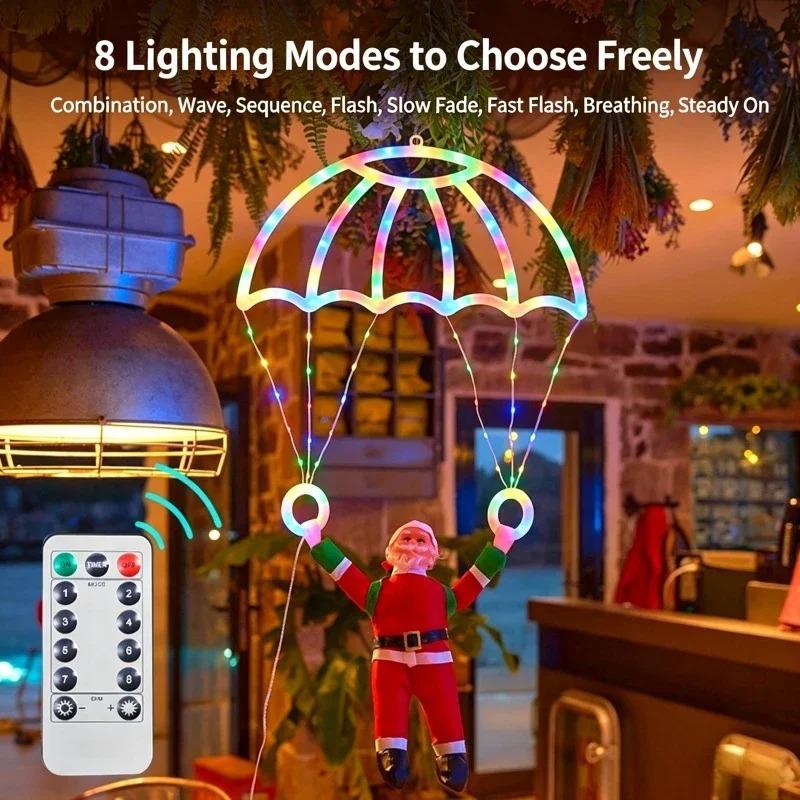 LED Christmas Parachute Light with Santa Claus Hanging Xmas Lamp for Outdoor Roof Balcony Porch Fence Tree Home Holiday Party Decor Ornaments