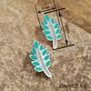 Silver Plated Turquoise Enamel Leaf CZ Stud Earrings, Nature Inspired Feather Shape Earrings for Women