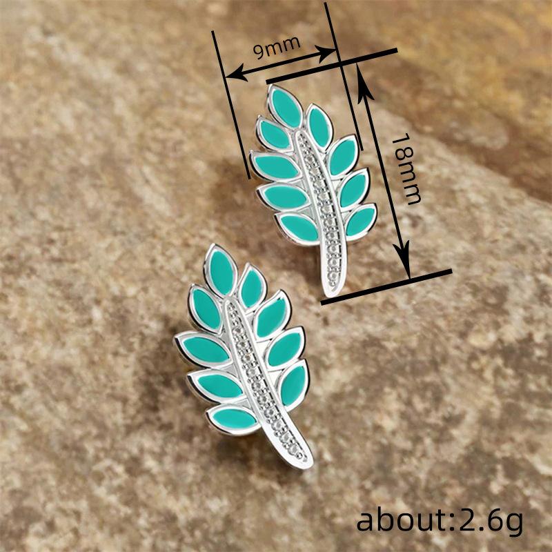 Silver Plated Turquoise Enamel Leaf CZ Stud Earrings, Nature Inspired Feather Shape Earrings for Women