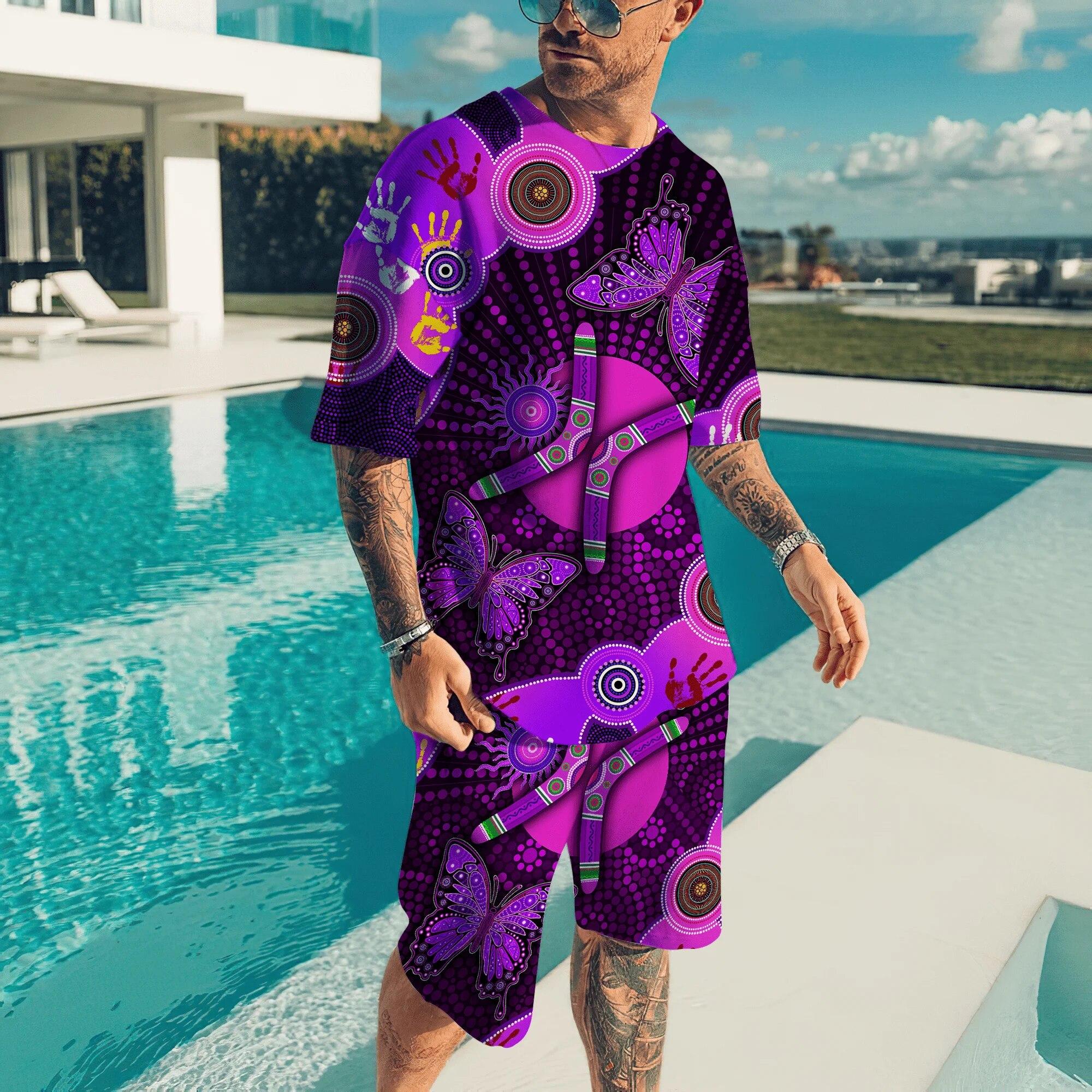 

3D Printed Indigenous Purple Turtle T-shirt and Shorts Set Summer Cool Street Oversized Fashion Casual Sports T-shirt 2 Piece Set