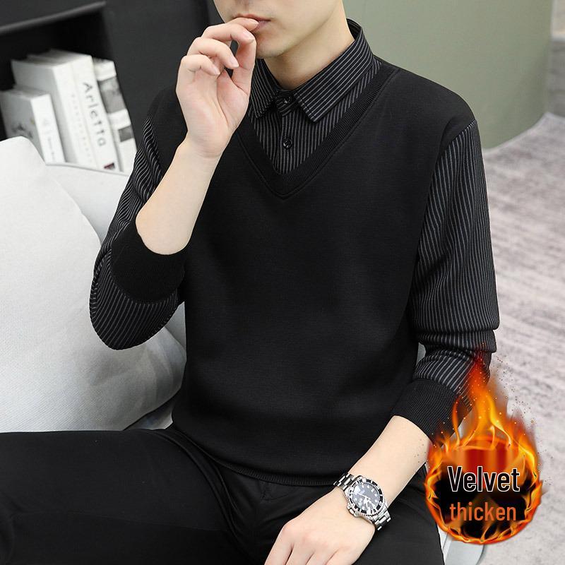 Men s Autumn/Winter Knit Sweater with Fleece-Lined Shirt Collar 2XL чёрный