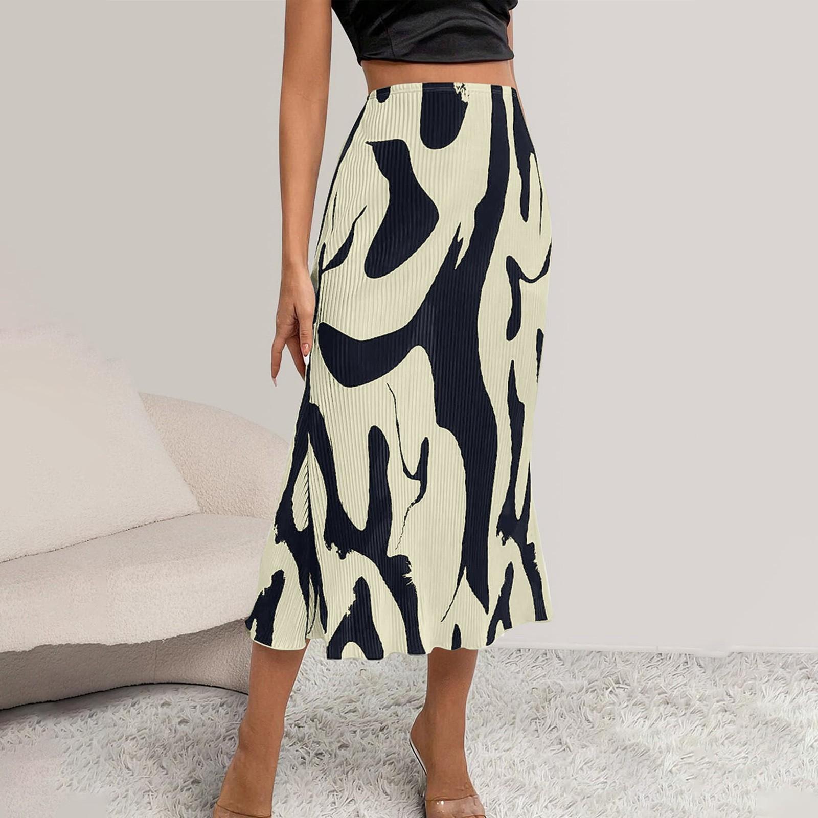 

Women s Summer High Waist Patterned Printed A-Line Pleated Casual Long Skirt XXL бежевий
