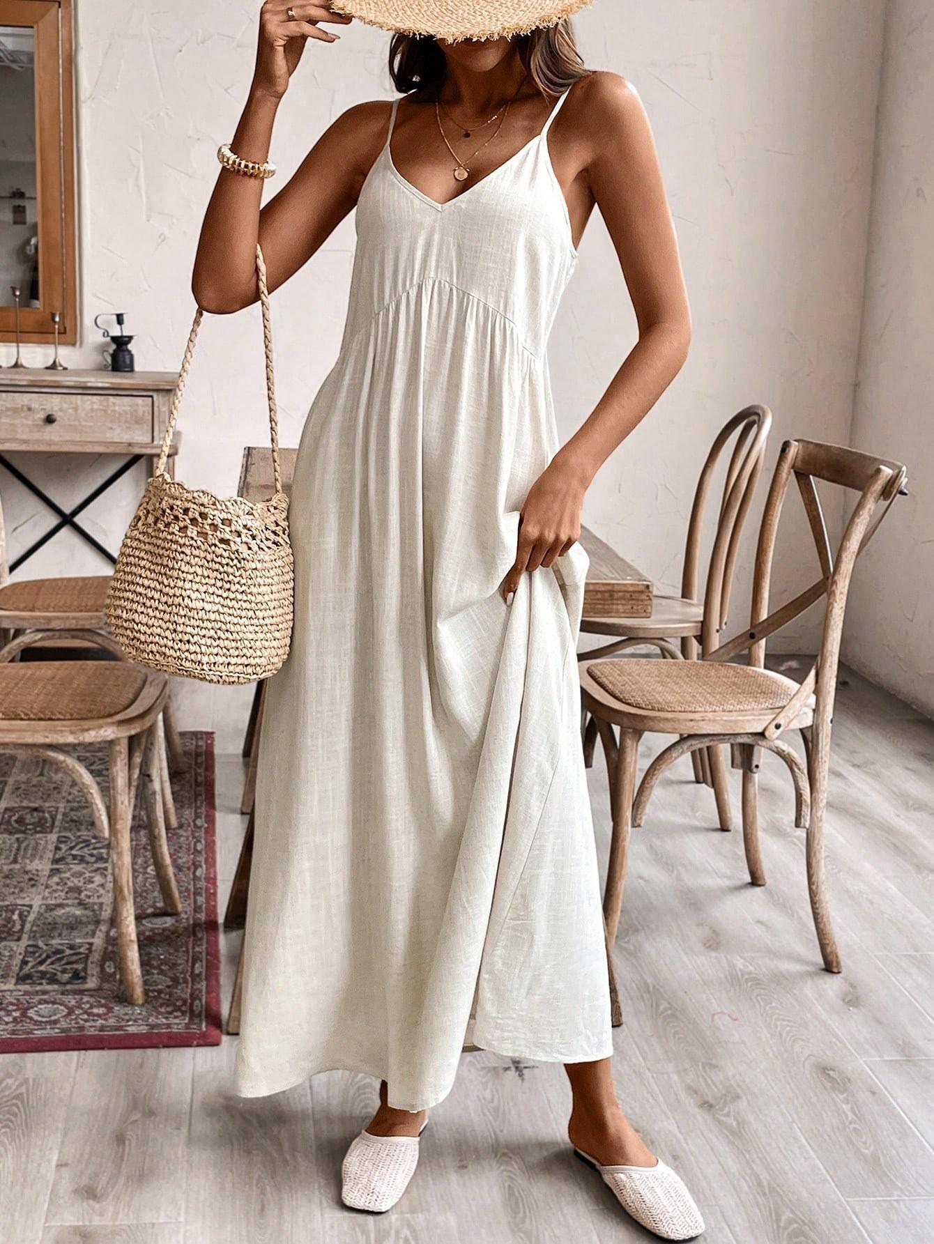 Elegant Women s Solid Color Cotton Linen Spaghetti Strap A-line Maxi Dress Extra Large
