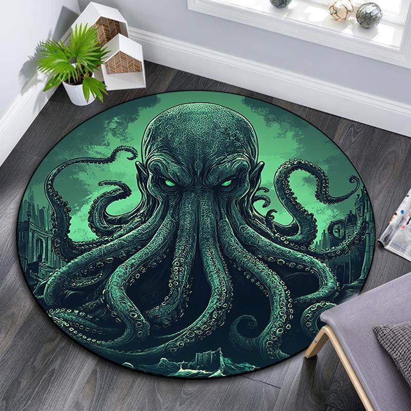 Green Octopus Round Area Rug,Carpet Rug for Living Room Bedroom Sofa Playroom Decor,Non-slip Floor Mat