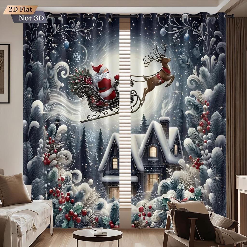 Customizable 3D Santa Christmas Blackout Curtains - High Precision Polyester with Sun Protection