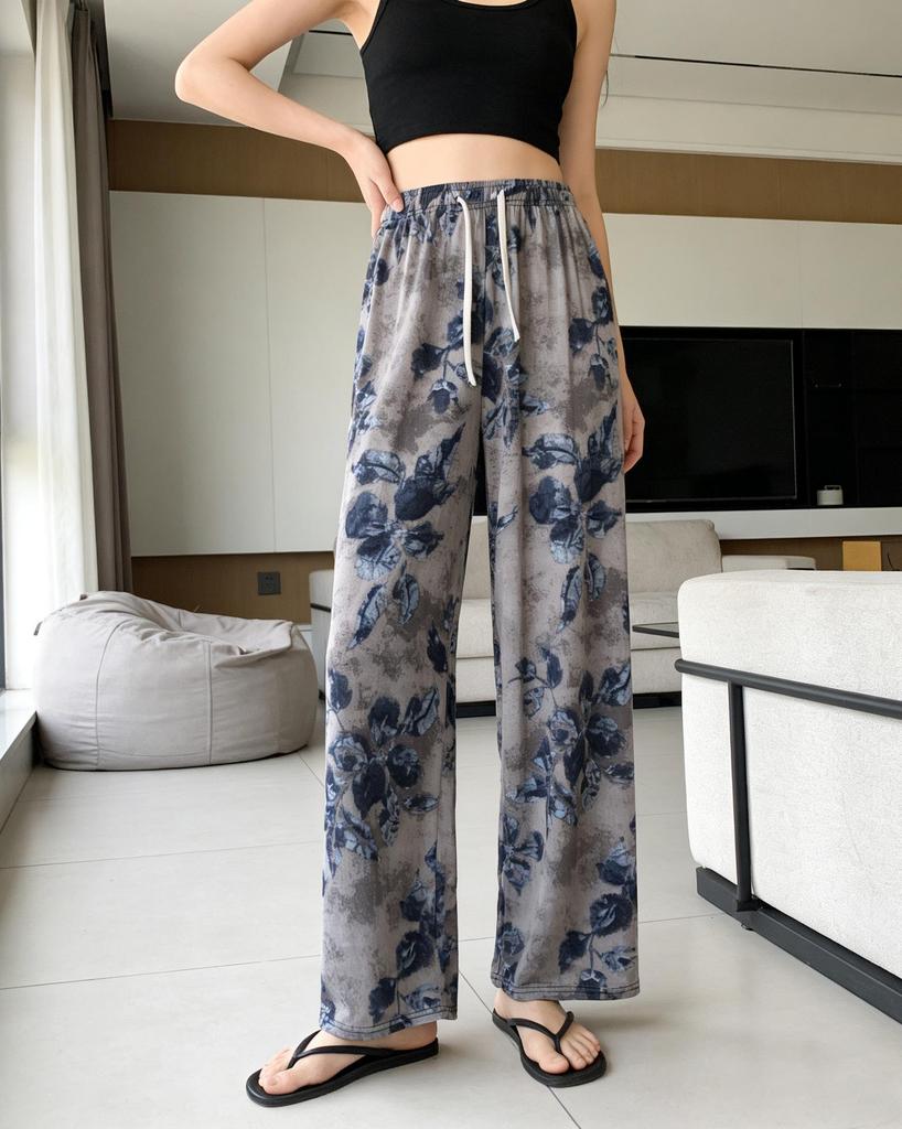 Black & White Striped Wide-Leg High-Waist Summer Pants for Women - Ink Painting Style, Slim Fit, Loose Draped Ice Silk Casual Trousers.