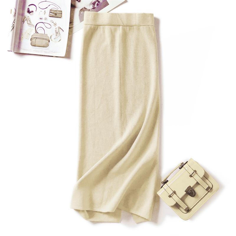 Qooth Women's Knit Pencil Skirt Mid Length Bodycon Slit Hem Fall Winter Fashion QT2783