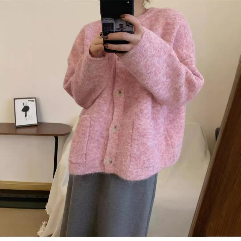 Autumn and winter new gentle soft waxy knitted cardigan women's loose lazy wind crew neck sweater jacket top