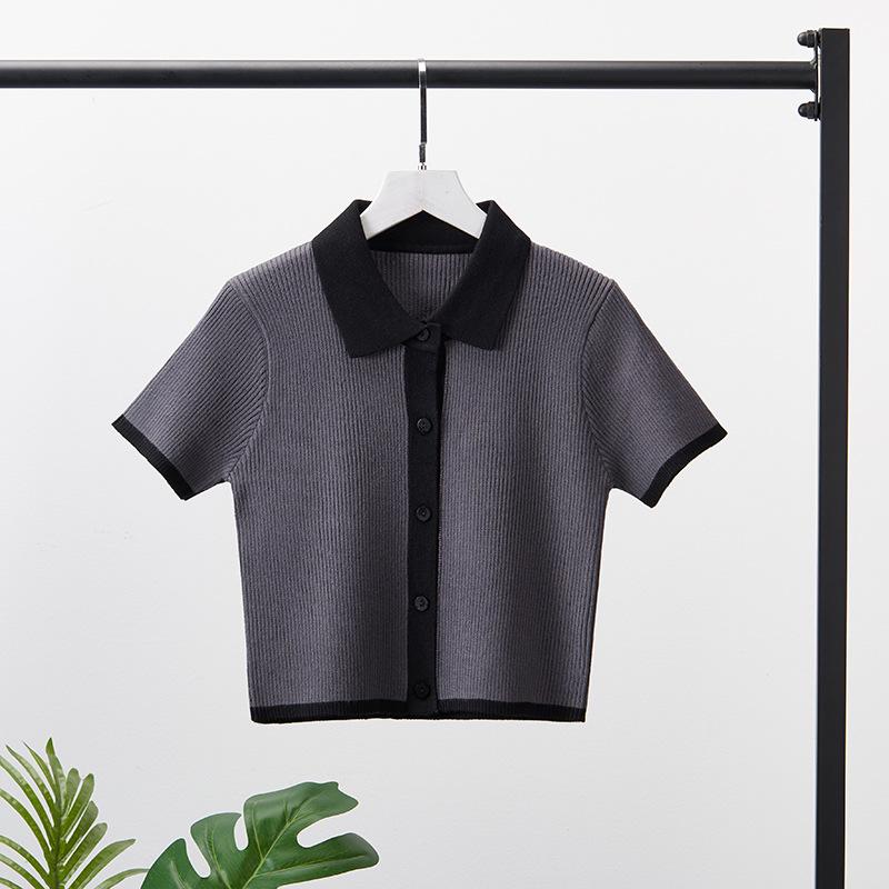 

Women s Color Block Short Sleeve Knit Polo Cardigan One Size [Recommended Weight 85-135 lbs]