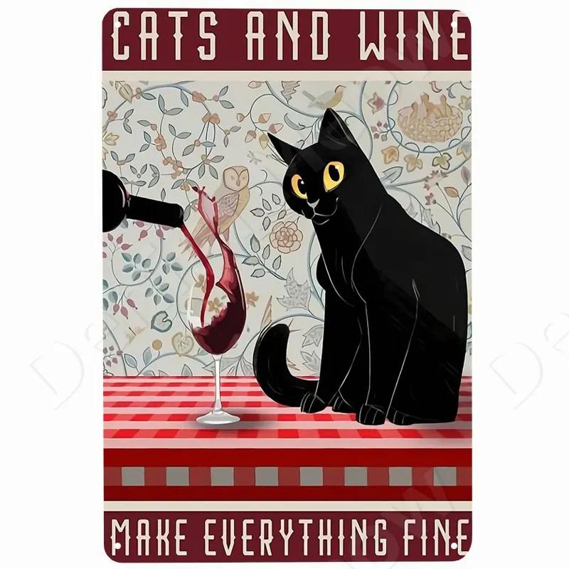 Cats and Wine Vintage Metal Sign Dog and Beer Wall Decoration for Bar Home Club Let Evening Be-Gin Tin Poster Funny Plate
