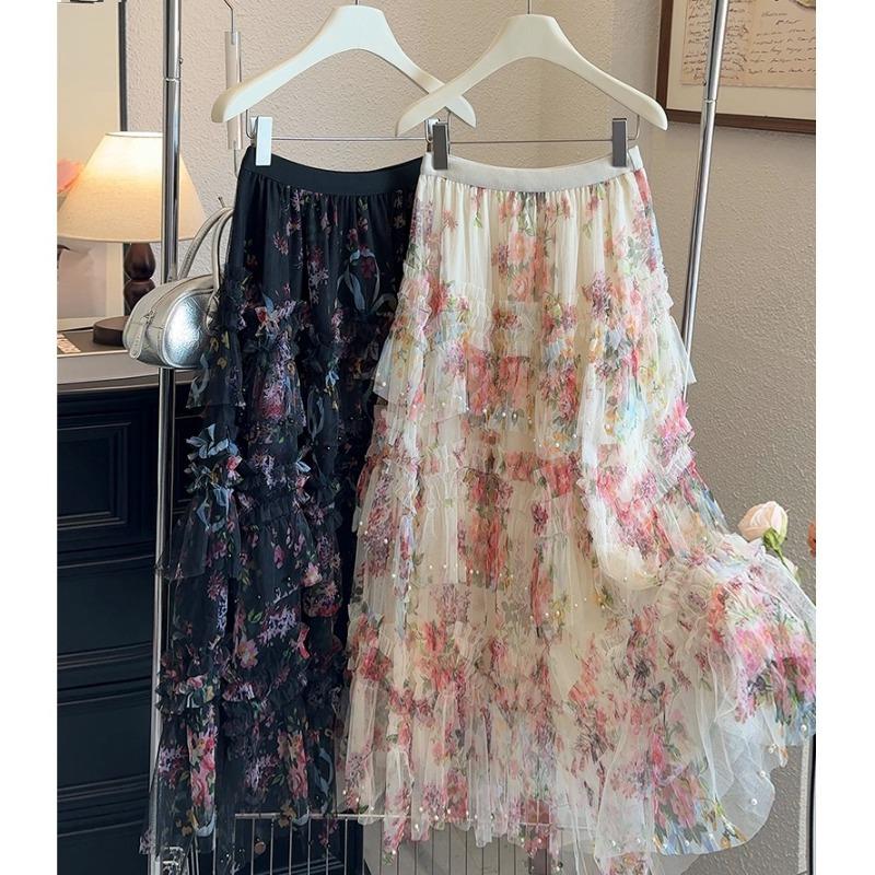 New bead irregular skirt splicing printing gauze skirt rose printing cake skirt mesh yarn long skirt women's fluffy skirt