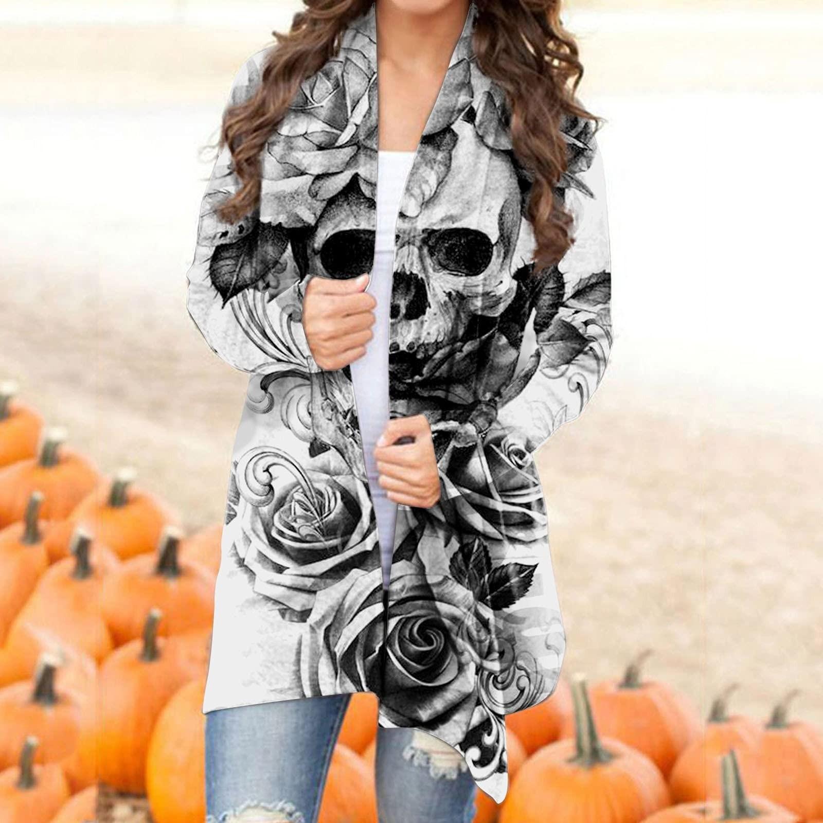 

Женская модная повседневная куртка-кардиган средней длины с принтом Хэллоуина 2022, пальто M