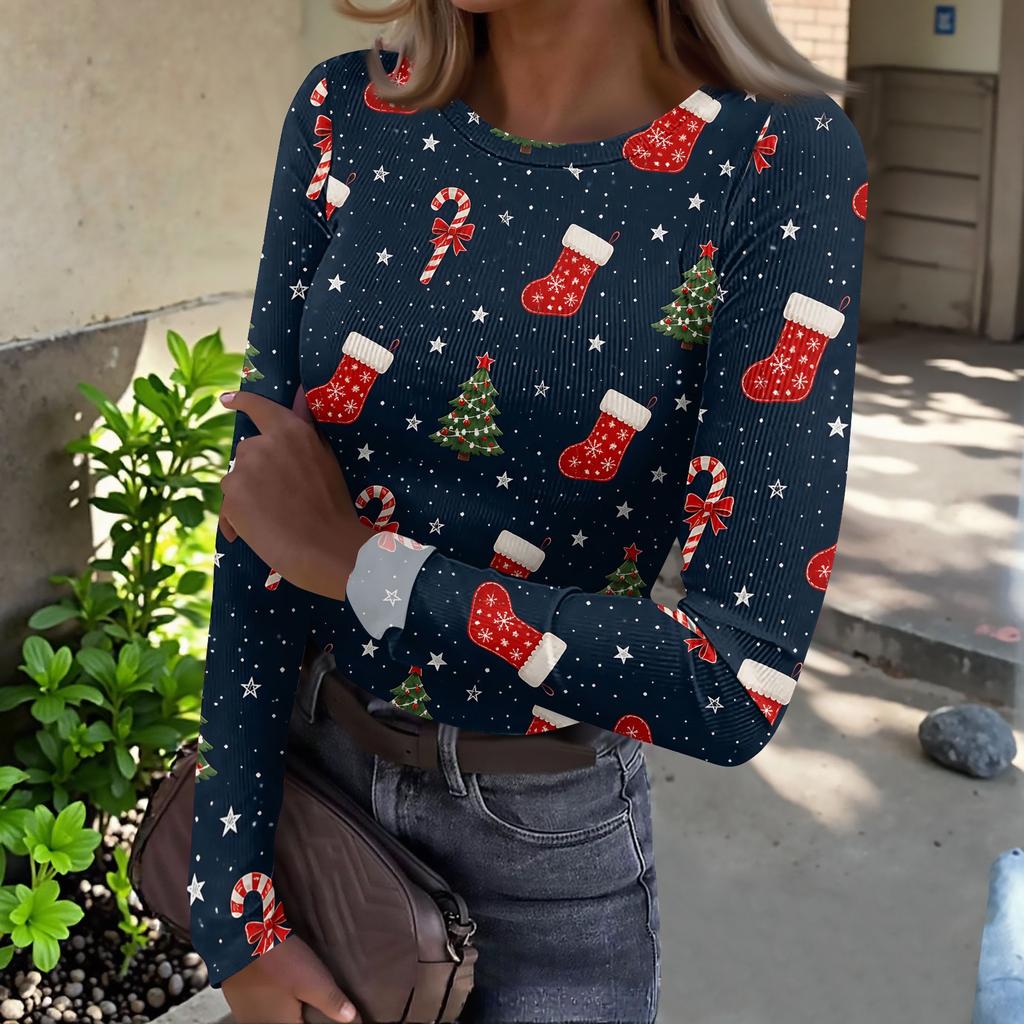 Women's Slim Fit Long Sleeve T-Shirt with Christmas Print Neck Pullover Top