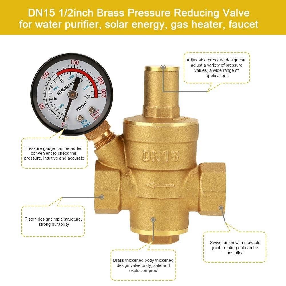 DN15 Water Pressure Regulator NPT 1/2 Inch Adjustable Brass Reducer with Gauge M