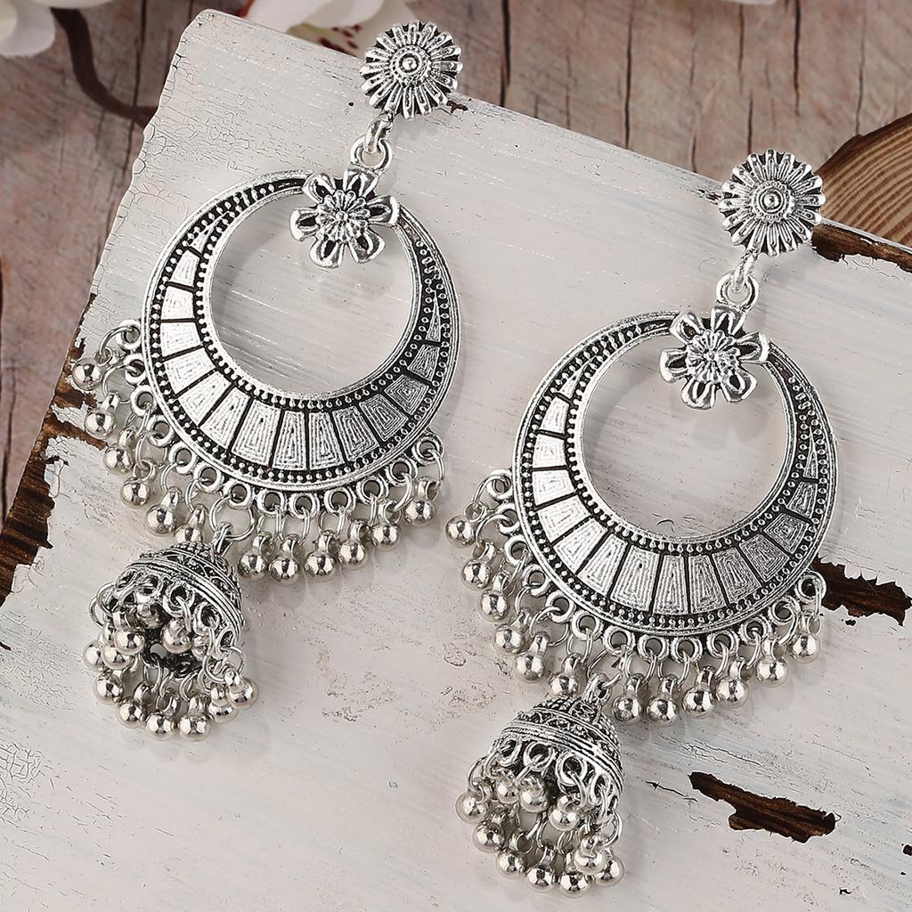 Earrings with alloy pendants in vintage style, Indian bell alloy beaded earrings jewelry