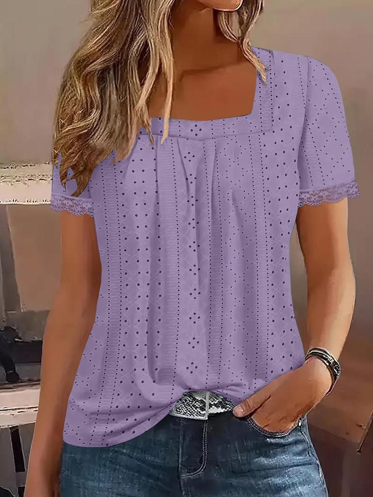 2025 Summer European & American Square Neck Eyelet Jacquard Short Sleeve Women's Top