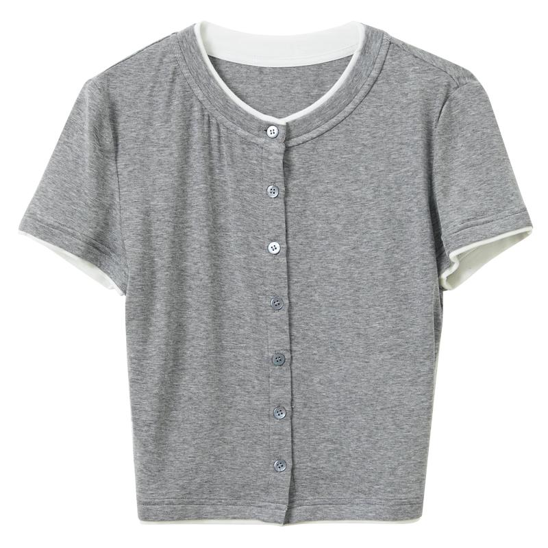 Sancai Women s Slim Fit Faux Two-Piece Short Sleeve T-Shirt L