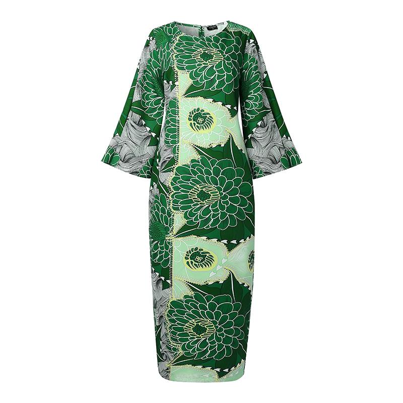 Plus Size Womens Casual Round Neck Long Sleeve Floral Printing Long Oversized Dress