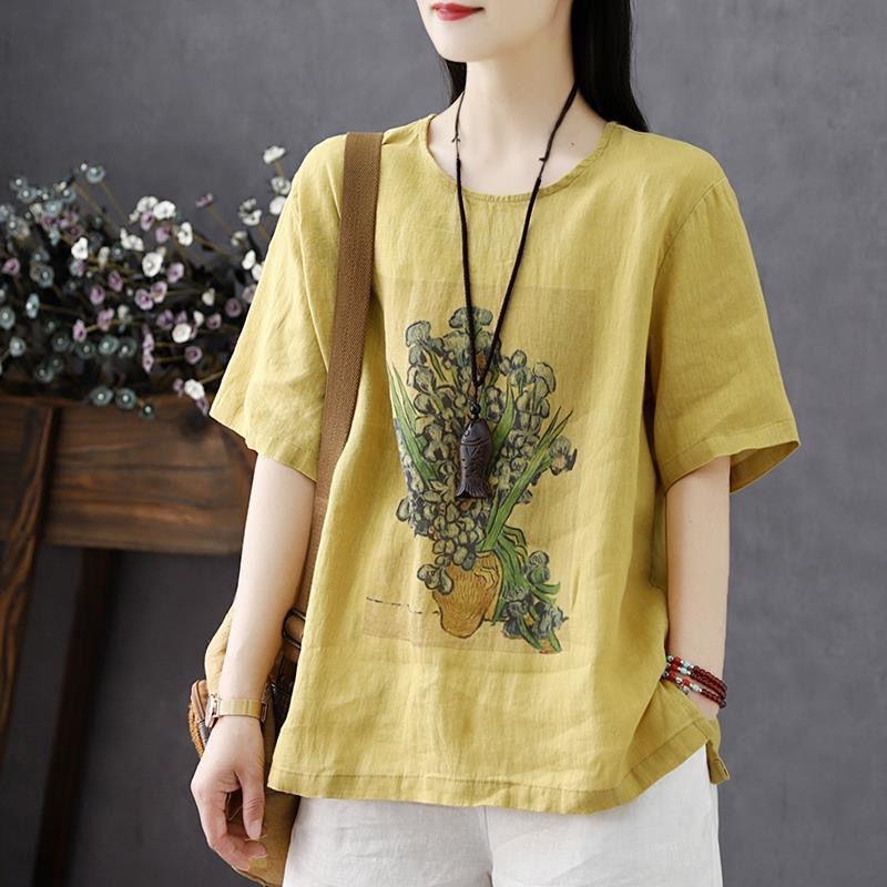 Cotton and Linen T-shirt Women's Short-sleeved Summer New Style Women's Top Loose Retro Printed Large Size