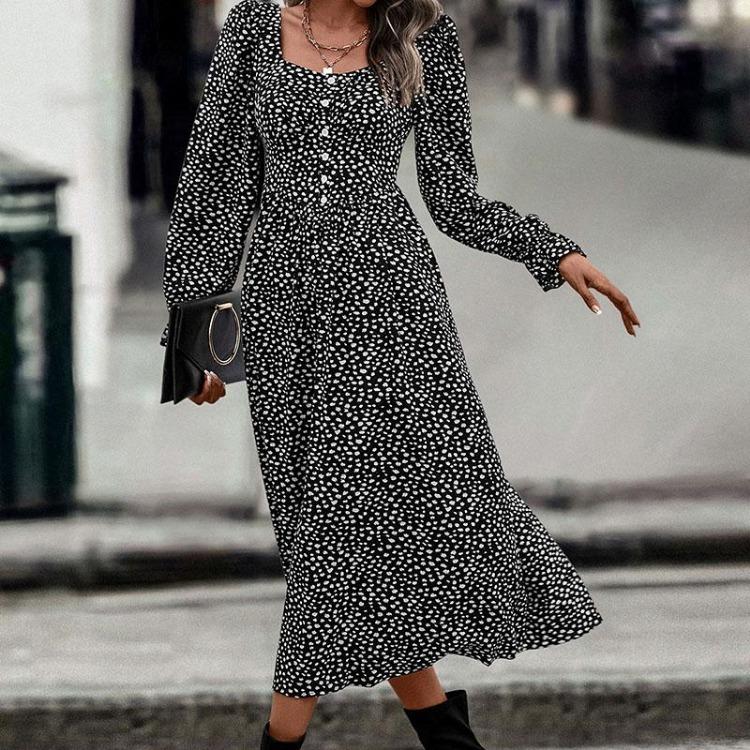 Women Summer Cotton A-line Dress Casual Butterfly Sleeve Full Length Turn-down Collar Mid-Calf Print
