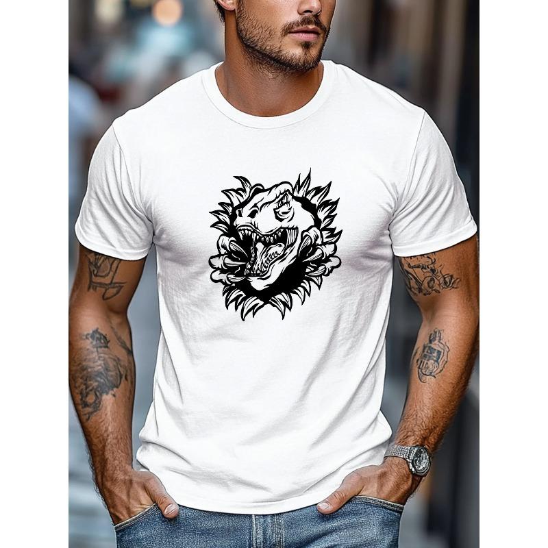Men'S T-Shirt, Comfortable And Versatile, Easygoing And Casual, Featuring a Roaring Dinosaur Design for Summer in a Short-Sleeve Round Neck Style