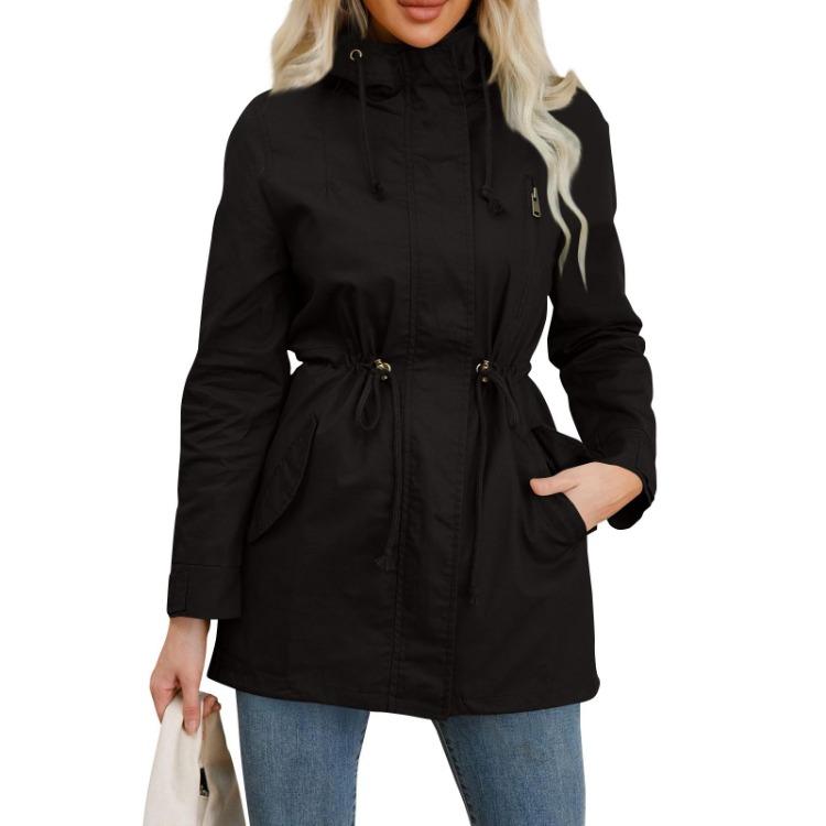 Loose Hooded Trench Coat for Women Cotton Spring Autumn Coat S чёрный