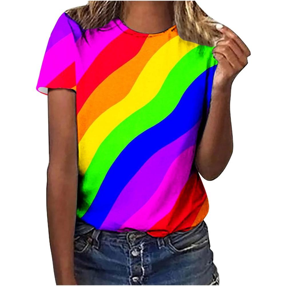 Sommer Neues Regenbogen 3D-Druck Damen Kurzarm Lässiges Rundhals-T-Shirt Y2K-Stil Harajuku Oberteil