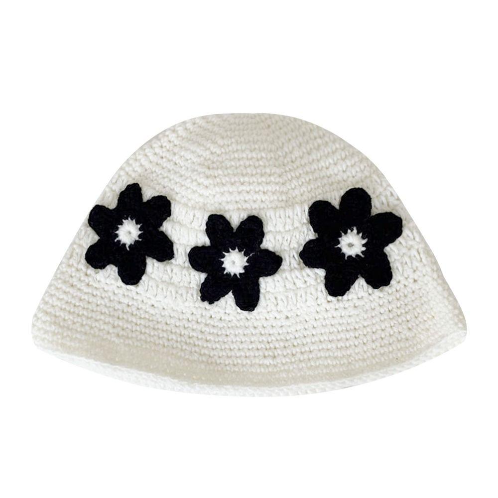 Knitted Bucket Hat Flower Panama Hat Portable Fisherman Cap  for Women