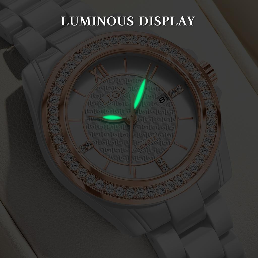 LIGE Damenuhr Armbanduhr Marke Keramik Vintage Lässig Mode Leuchtend Kalender Damenuhr Quarz Elegant Uhr+BOX