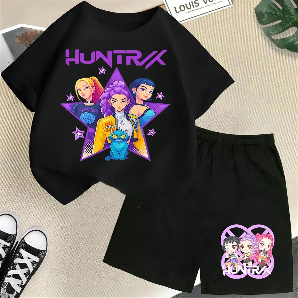 Moda Informal Estampado 3D Infantil Ola Coreana Cazador de Demonios Película Dibujos Animados Niños y Niñas Conjunto de Manga Corta