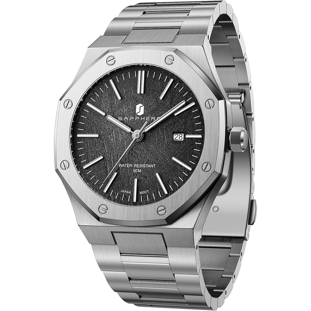 SAPPHERO Men s Chronograph Watch Stainless Steel 50M Water Resistant Analog Date Display Silver