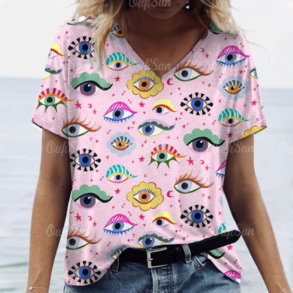 Summer Women Funny 3d Eyes Printed T-Shirt Sexy Anime Cartoon Funny V-Neck Fashion Short Sleeve Shirt Ladies Slim Plus Size Top