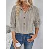 Women's Striped Ribbed Hooded Blouse Half Button Loose Long Sleeve Casual Daily Wear Pullover Top