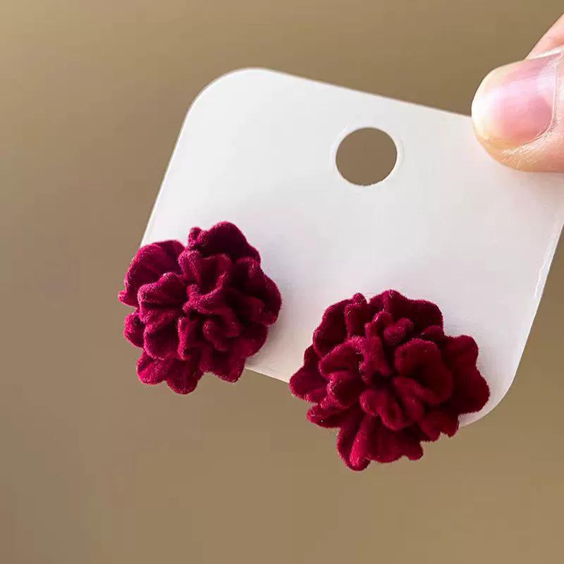 Red Flocking Flower Stud Earrings for Women Trendy Fold Petal Big Earrings Wedding Party Lucky Personality Jewelry Girls Gift