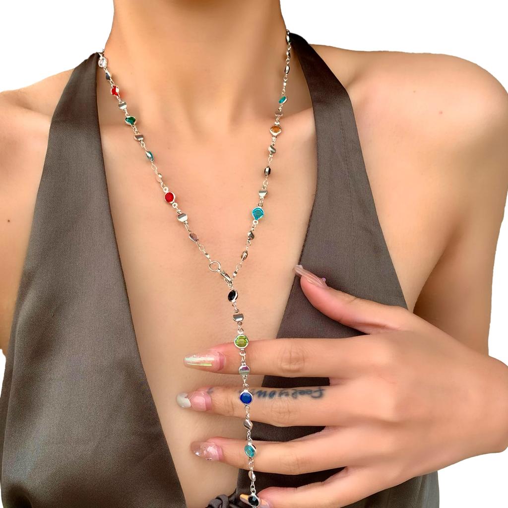 Crystal Adorned Necklace for Trendy Women Rhinestones Long Tassels Neckchain Adjustable Length Clavicle Chain Ornament