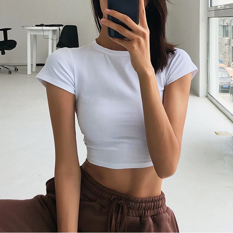 

Американская сексуальная футболка с коротким рукавом женская облегающая приталенная утягивающая майка короткий кроп-топ эластичная универсальная черная фитнес-футболка White S