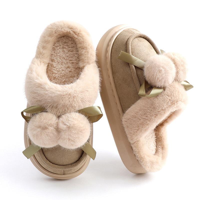 Cotton Slippers Women's Autumn and Winter Cute Hairball Indoor Home Household Plush Warm Thick-soled Slippers Couple Men