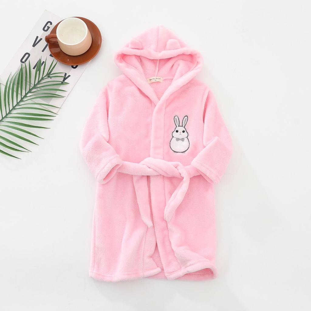 2025 Korean Flannel Kids' Embroidered White Rabbit Hooded Bathrobe