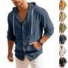 Męska lniana koszula z długim rękawem, solidna, streetwear, bluza z kapturem, kardigan, odzież męska, bluzki z guzikami, swobodna, luźna, męska koszula z kapturem