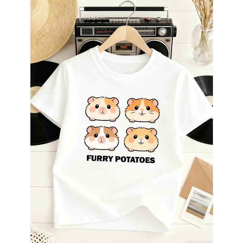 European Sizes Girls' Spring/Summer Casual T-Shirt "FURRY POTATOES" with Hamster Print, Cute Style Short Sleeve