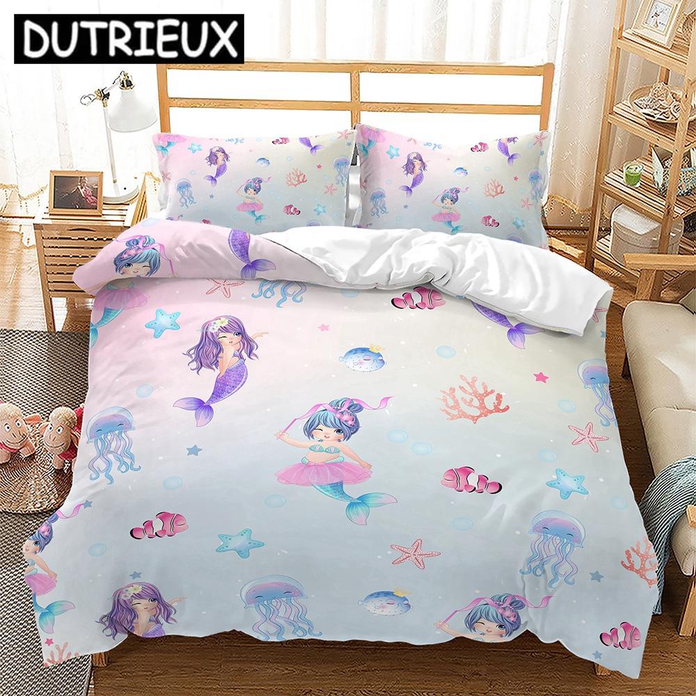 Single/Twin/Double/Queen/King Size 3D Mermaid - Themed Bedding Set with Duvet Cover and Pillowcases for Girl Kids