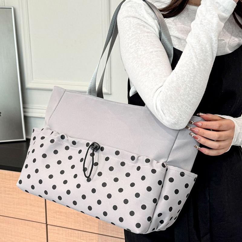 Polka Dot Large Capacity Tote Bag For Women Nylon Material Drawstring Closure Hobo Bag Underarm Shoulder Bag Lightweight Handbag