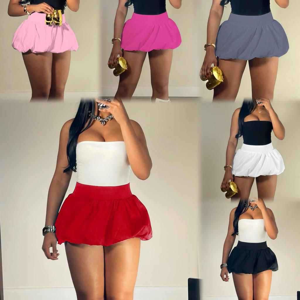 Qooth Hot Women's Mini Short Solid Color Puffy Bubble Skirt Plus Size Fashion Pleated Mini Skirt For Girls Skirts Sexy Clothes Women QT2422