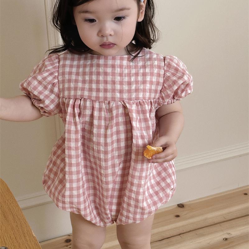 

Летний комбинезон в клетку для маленьких девочек с тонкими пышными рукавами, свободный хлопковый повседневный комбинезон для новорожденных девочек, комбинезон для младенцев, детская одежда 90 розовый