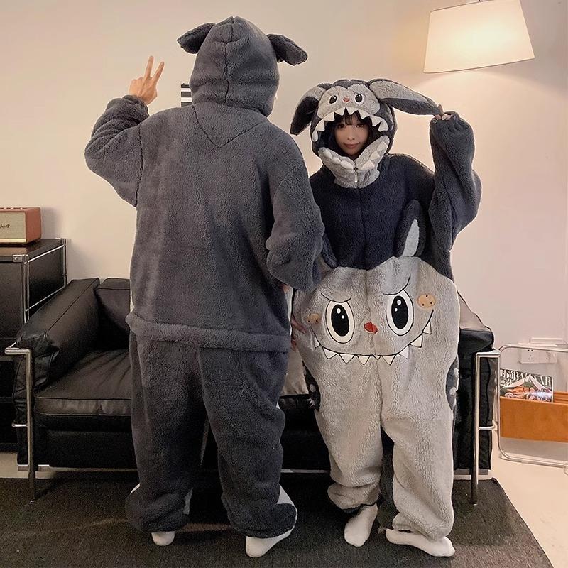 Winter Warm Sleepwear Women Men Pajamas Couple Pajamas Cartoon Hooded Nightwears