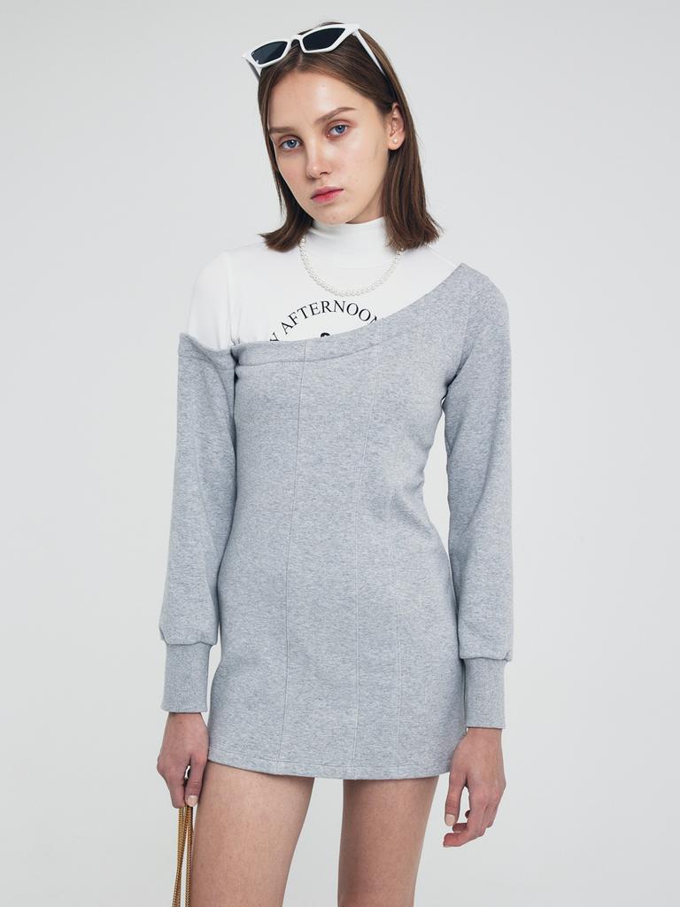 Ce Yeon Turtle Neck Double Layered Mini Dress Melange Gray