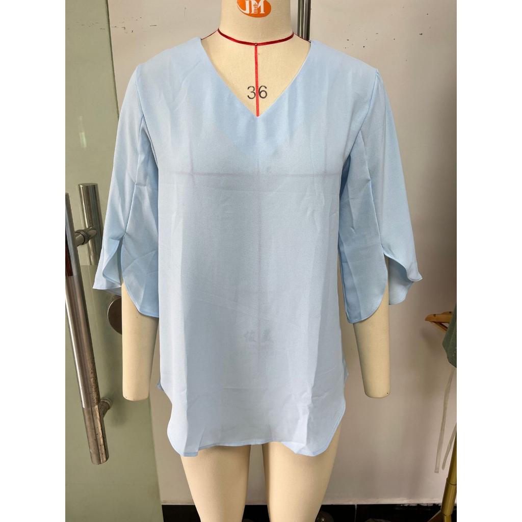 Spring Summer New Women's Solid Color V-Neck Mid Sleeve Loose Chiffon Blouse Top