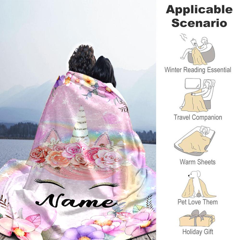 Unicorn Eyes Style Personalized Text Blanket Lightweight Customizable Blanket Soft & Cozy Suitable for Bedding Chair Seaside Bed Ideal for All Seasons