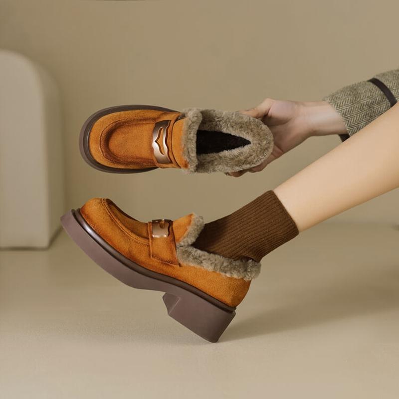 Mode NEU Winter Damen Pumps Kuhveloursleder Schuhe für Damen Runde Zehenpartie Klobiger Absatz Schuhe Slipper Damen Loafer Warme Plateauschuhe